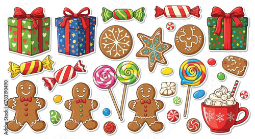 Festive Christmas treats and gifts sticker sheet for holiday crafting and design projects