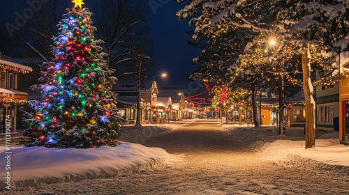 Snowy night scene with a decorated Christmas tree and festive lights in a small town