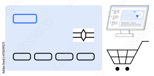 Credit card, computer monitor showing online transaction details, and shopping cart. Ideal for e-commerce, payment, technology, retail, internet finance and banking themes. Simple flat metaphor