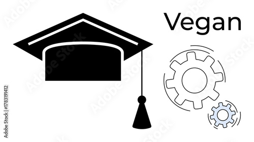 Black graduation cap and tassel, Vegan text, and mechanical gears implying education, ideology, and growth. Ideal for learning, veganism, innovation education ethics progress lifestyle. Simple