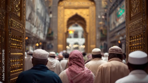 Ornate gold doors frame a crowd of people heading towards a golden archway