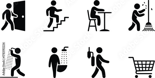 Black Silhouette Icons Showing Daily Activities Such as Shopping, Cleaning, Showering, Eating, and Walking