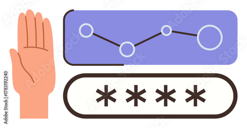 Open palm hand, linear graph, and a password field with asterisks symbolizing authentication, analytics, and cybersecurity. Ideal for technology, online security, data analysis, app development user