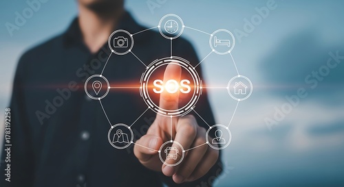 Businessman touching sos button on a futuristic interface, symbolizing emergency, help, and crisis management in technology