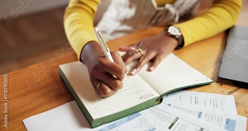 Canvastavla Woman, hands and writing in home with notebook for to do list, household bills and administration