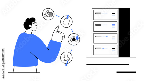 Man pointing at icons representing human senses connected to data servers. Ideal for technology, AI, data processing, sensory analysis, machine learning, digital interaction, modern innovation
