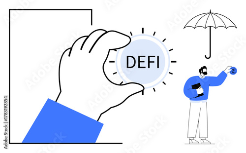Hand holding decentralized finance coin, man analyzing finance under umbrella. Ideal for blockchain, finance, investment, cryptocurrency, fintech, security risk management themes. Simple flat