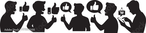 Silhouettes of men with thumbs up and speech bubbles showing positive feedback