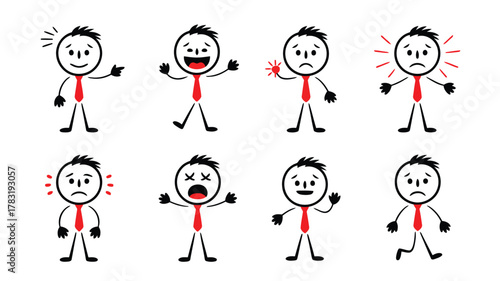 Stick Figures Expressing Different Emotions Happy, Sad, Angry, Surprised, and More with Red Ties