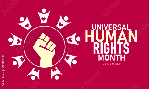 Universal Human Rights Month Poster Banner and Background Abstract Design Template Featuring Raised Hands Globe and Peace Symbol Illustration for Equality Freedom Justice and Global Awareness Campaign