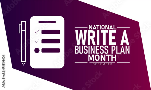 National Write a Business Plan Month Poster Banner and Background Abstract Design Template Featuring Documents Charts and Laptop Illustration for Entrepreneurship Startup Education and Financial Plann