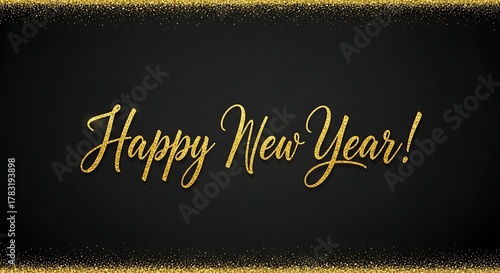 Elegant golden script text happy new year with a textured black background and sparkling gold borders creating a festive and celebratory atmosphere for holiday greetings and invitations