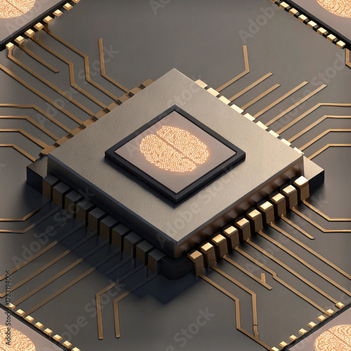 A highly detailed abstract illustration of an advanced Artificial Intelligence (AI) chip or semiconductor, set against a dark background