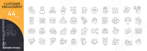 Customer Engagement icons set. Includes icons for communication, interaction, loyalty, feedback, support, marketing, relationship, touchpoints, satisfaction, and user activity. Editable stroke.