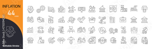 Inflation icons set. Includes icons for economy, money, prices, cost, currency, market, growth, finance, rate, and investment. Perfect for illustrating economic concepts and market analysis.
