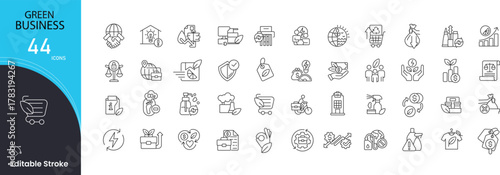 Green business icons set. Includes icons for sustainability, eco company, renewable energy, recycling, green economy, clean production, environmental careand carbon reduction. editable stroke .