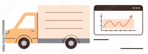 Delivery truck moving next to graph with rising trend line, indicating growth, progress, logistics efficiency. Ideal for delivery, shipping, business growth, e-commerce, data analysis performance
