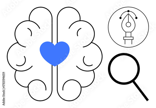 Brain with heart symbol, pen tool, magnifying glass representing creativity, focus, empathy, design, problem-solving, innovation and emotional intelligence. Ideal for design process creative