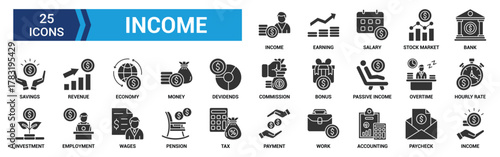 Income icon set. Containing money, tax, earnings, payment, accounting, paycheck, work, pension and wages icons. Glyph icon collection. Vector illustration.