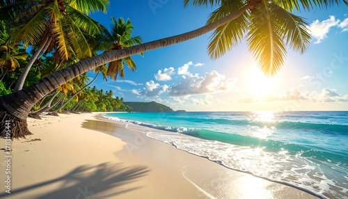 Fototapeta Naklejka Na Ścianę i Meble -  A scenic coastal view showcasing a sandy beach, turquoise ocean, swaying palm trees under a bright blue sky, and the sun