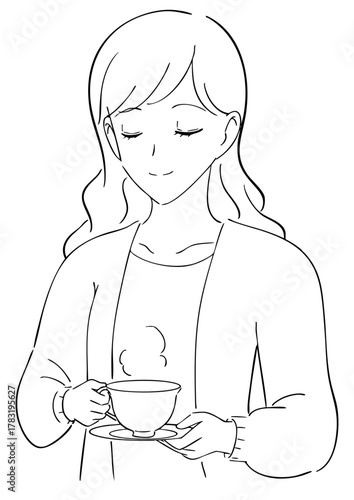 紅茶を飲む女性の白黒イラスト
