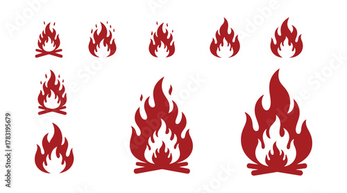 Fire flame silhouette collection. Bonfire icons with both small and large bright fiery components. A simple vector illustration of flaming elements.


