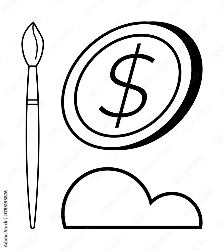 Obraz premium Paintbrush, dollar coin, and cloud reflecting creativity, financial success, and digital transformation. Ideal for themes thumbs up art, economy, technology, innovation creative business success
