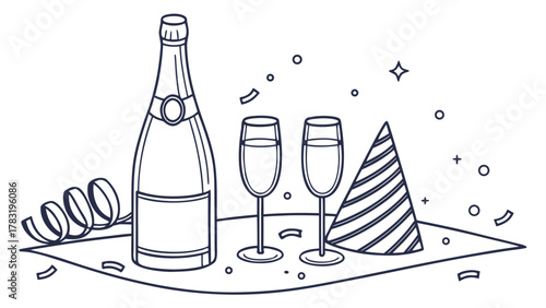 A black and white line art illustration depicting a champagne bottle, two flutes, a party hat, and scattered confetti, symbolizing celebration and festive occasions.