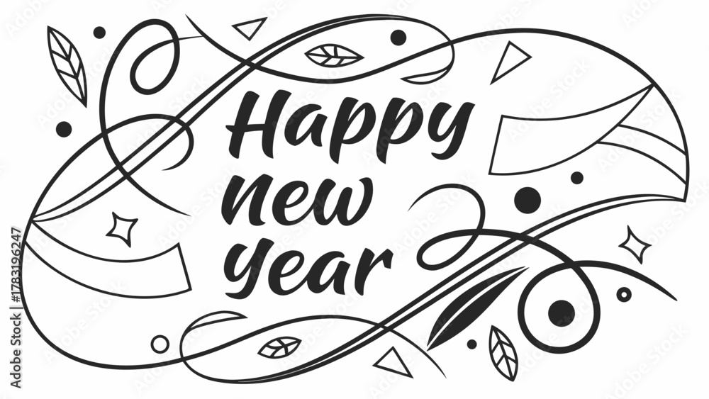 Obraz premium A black and white illustration featuring the text 'Happy new year' surrounded by elegant swirls, leaves, dots, and geometric shapes, creating a festive and decorative design.