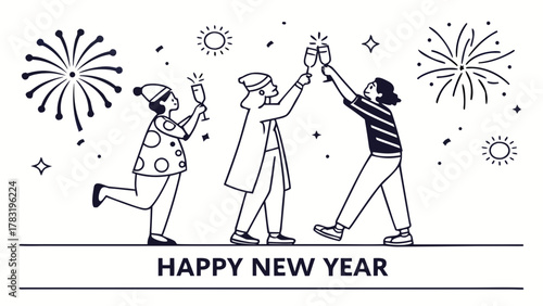 Three people celebrating New Year with champagne glasses and fireworks, line art illustration.