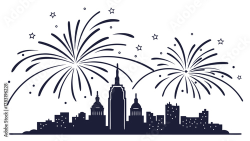 Silhouette illustration of a city skyline with fireworks exploding in the night sky, featuring iconic buildings and stars.