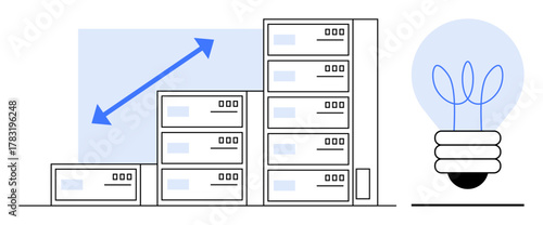Stacked server racks reflect data scalability while light bulb symbolizes creativity and innovation. Ideal for technology, data growth, cloud computing, innovation, analysis, scalability