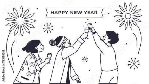 Three friends celebrating New Year's Eve with a toast and fireworks in a festive line art illustration.