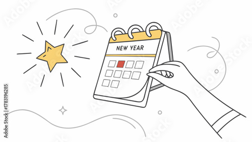 A hand turning a calendar page to a new year with a shining star, symbolizing new beginnings and resolutions.