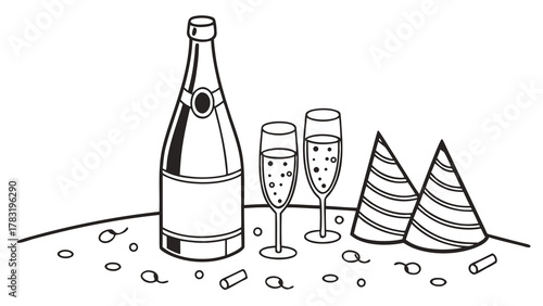 A black and white illustration of a champagne bottle, two flutes, party hats, and confetti, symbolizing a celebration.