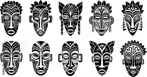 a variety of african masks, tribal masks, intricate designs, symmetrical patterns, dark silhouettes on white background, traditional art, vector 