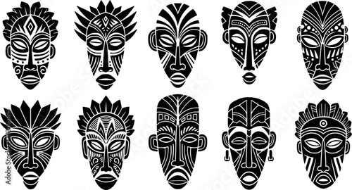a variety of african masks, tribal masks, intricate designs, symmetrical patterns, dark silhouettes on white background, traditional art, vector 