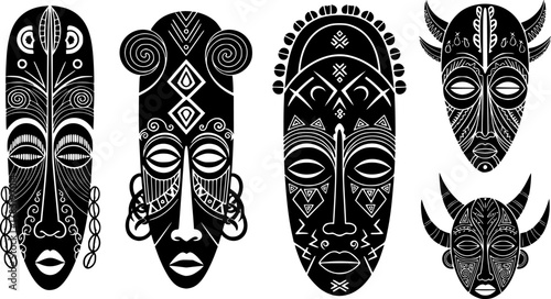 a variety of african masks, tribal masks, intricate designs, symmetrical patterns, dark silhouettes on white background, traditional art, vector 