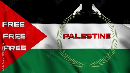 4K animation of the Palestinian national flag waving in the wind. Seamless looping motion background, ideal for video projects and presentations.
