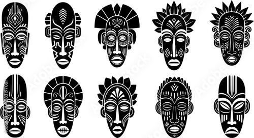 a variety of african masks, tribal masks, intricate designs, symmetrical patterns, dark silhouettes on white background, traditional art, vector 