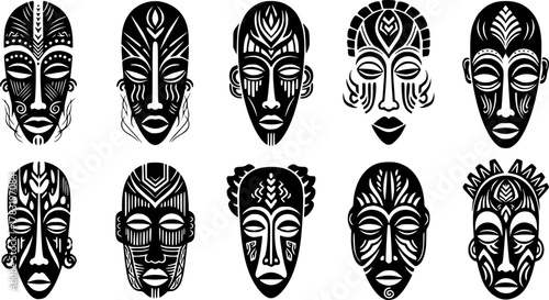 a variety of african masks, tribal masks, intricate designs, symmetrical patterns, dark silhouettes on white background, traditional art, vector 