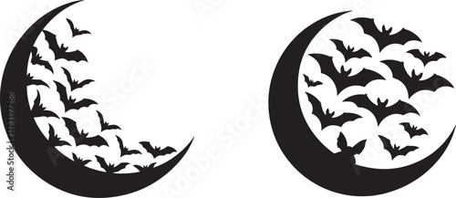 Two crescent moons with bats flying around them in a black and white drawing