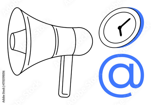 Megaphone for announcements, clock representing time, and at-sign for digital connection. Ideal for marketing, time management, notification, scheduling, communication, online engagement and media