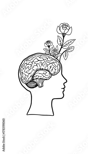 Line art of human head with brain and blooming flowers, minimal black and white illustration symbolizing mental growth and mindfulness