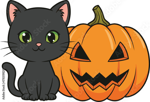 A charming cartoon illustration featuring a small, cute black cat with bright green eyes sitting next to a traditional, grinning Halloween jack-o'-lantern.