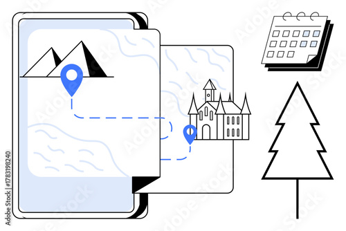 Open map with location markers linking mountains and a castle, symbolizing travel. Includes a tree, calendar, and abstract lines. Ideal for travel, navigation, tourism, scheduling exploration