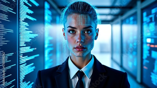 Cyborg businesswoman in futuristic server room with neon blue glow, corporate tech innovation concept for website hero image or UI mockup background