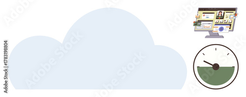 Cloud with virtual interface highlighting charts, people, and data, alongside speedometer indicating measurement. Ideal for technology, cloud management, analytics, data transfer, efficiency digital