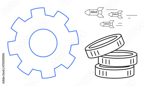 Gear symbolizing system functionality with coins as digital data resources and DDoS missiles representing network attacks. Ideal for cybersecurity, network defense, risk awareness, IT infrastructure