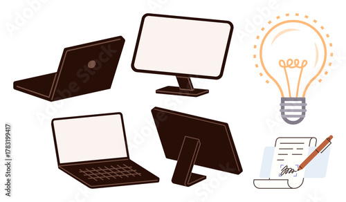 Laptops, desktop monitors, glowing light bulb, and signed document represent innovation, digital work, collaboration, creativity, education remote study or brainstorming sessions. Ideal for tech